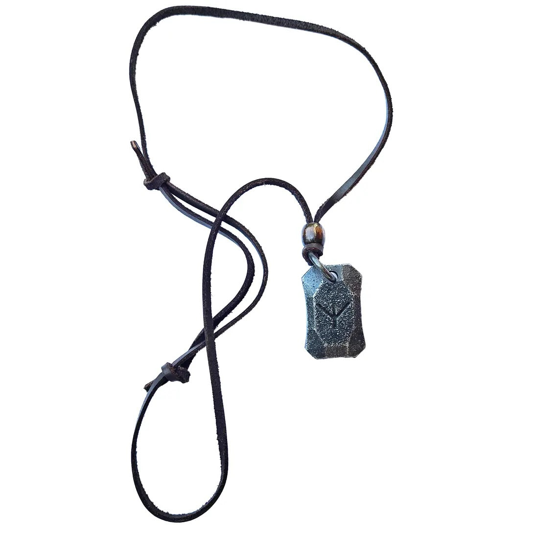 The Viking Rune Pendant Algiz features a black leather cord with an adjustable knot and a rectangular dark metal pendant engraved with a geometric Norse-inspired Algiz rune. Displayed on a white background.
