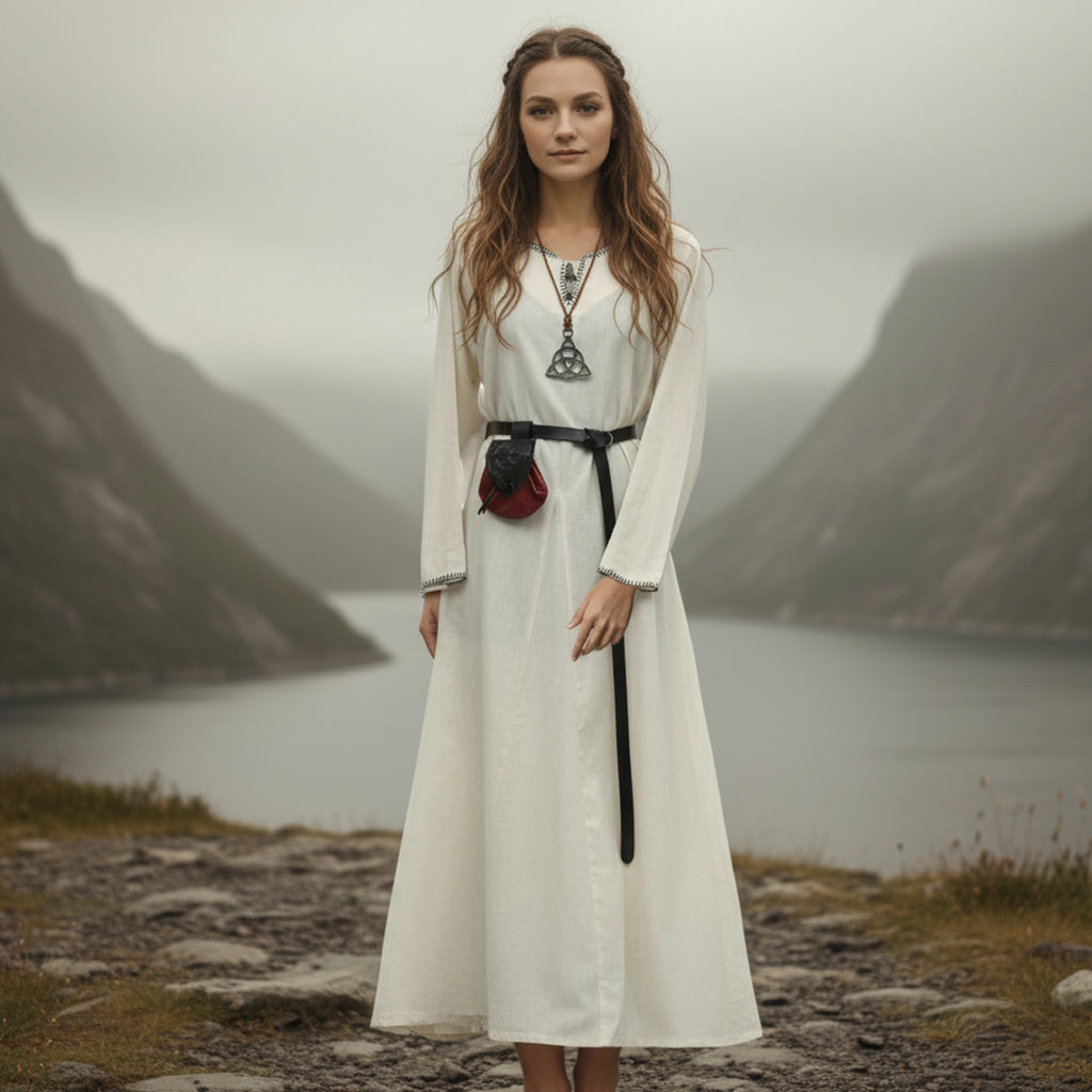 A woman in the Viking Thorndale Dress- Ladies stands on rocky ground by a misty lake, surrounded by steep green mountains under a cloudy sky.