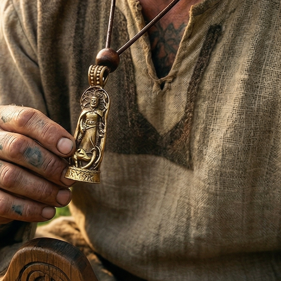 A person in a medieval-style shirt holds the Freyr Pendant – Lord of Abundance, Norse jewelry with a robed figure and intricate carvings. Their tattooed hand clasps the solid brass necklace, which hangs from a leather cord.