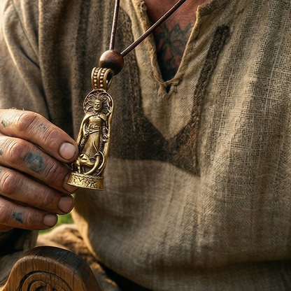 A person in a medieval-style shirt holds the Freyr Pendant – Lord of Abundance, Norse jewelry with a robed figure and intricate carvings. Their tattooed hand clasps the solid brass necklace, which hangs from a leather cord.