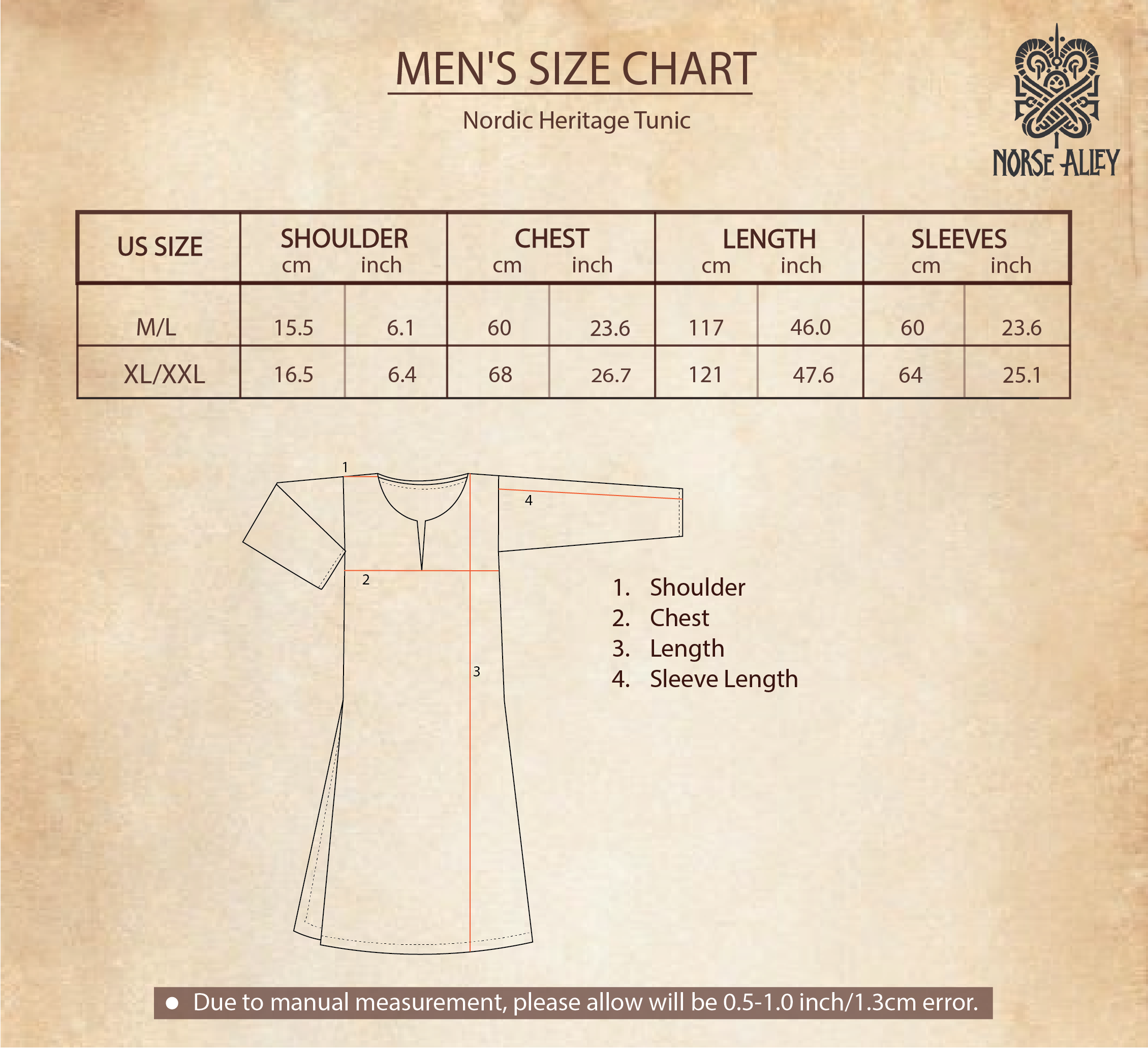 The Nordic/Viking Heritage Tunic – Men's size chart shows shoulder, chest, length, and sleeve measurements for M/L and XL/XXL in cm/in; includes a labeled diagram and Norse Alley logo—perfect for Renaissance or Viking costumes.