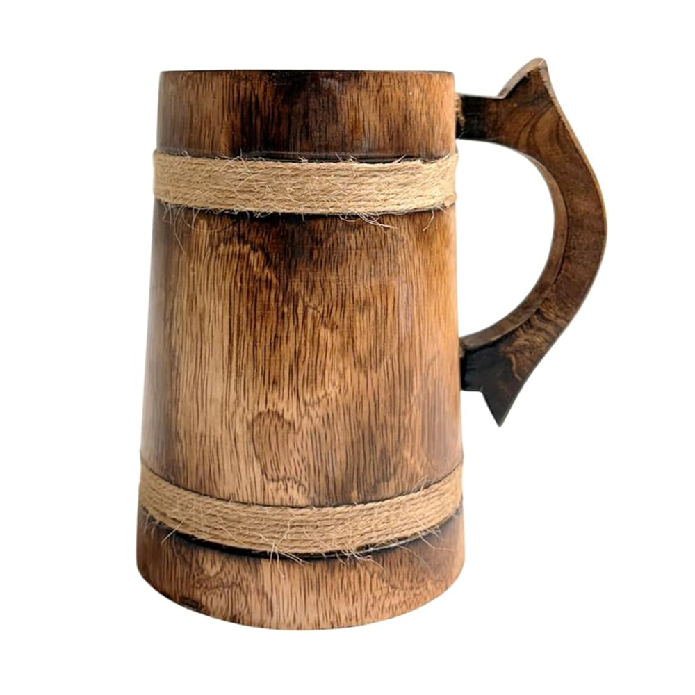 The Wooden Beer Mug with Jute Thread features a curved handle and two jute bands around the top and bottom, offering a rustic, handcrafted look inspired by authentic medieval drinkware.