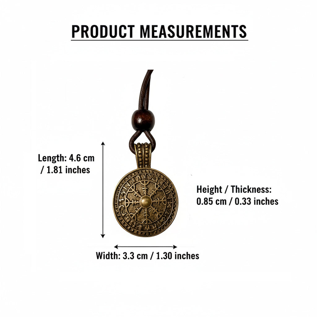 The Traveler’s Compass Pendant Necklace features a round, bronze-colored pendant with a Norse-inspired pattern on a brown cord. It measures 4.6 cm long, 3.3 cm wide, and 0.85 cm thick.