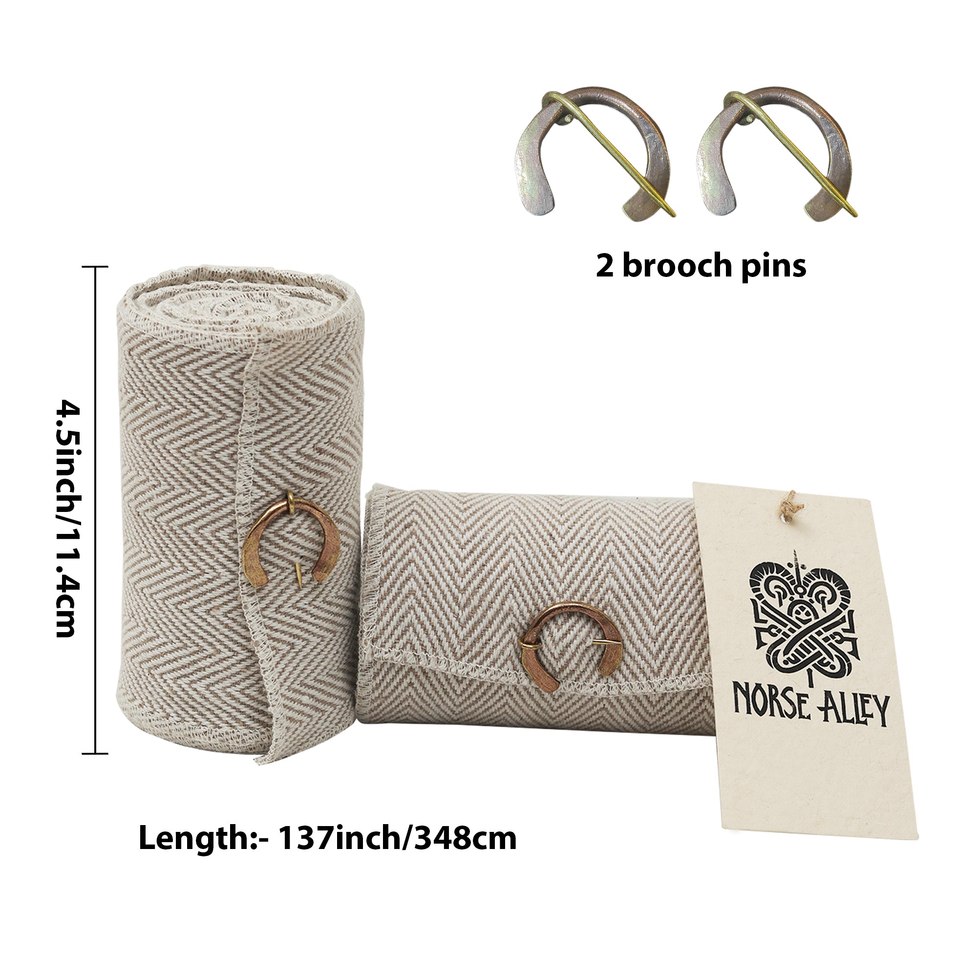 The Herringbone Viking Leg Wraps (Winingas) feature two beige herringbone-fabric strips, each with a bronze brooch pin. One is rolled; one folded with a Norse Alley tag. Includes 2 extra pins. Each strip: 4.5" high, 137" long.