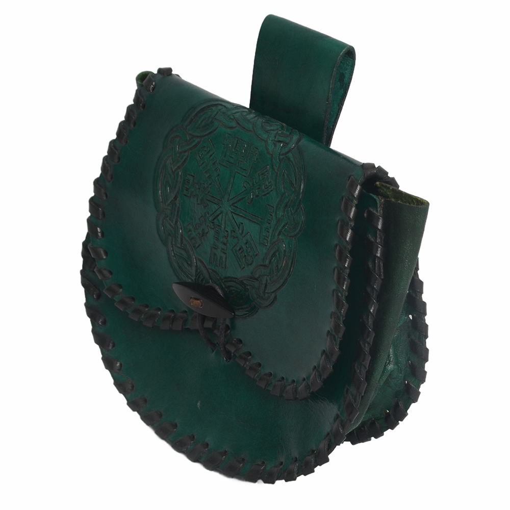 The Vegvisir leather Viking bag is a small, dark green pouch with black stitching, a circular embossed design on the flap, and a belt loop—blending Norse mythology inspiration with unique style.