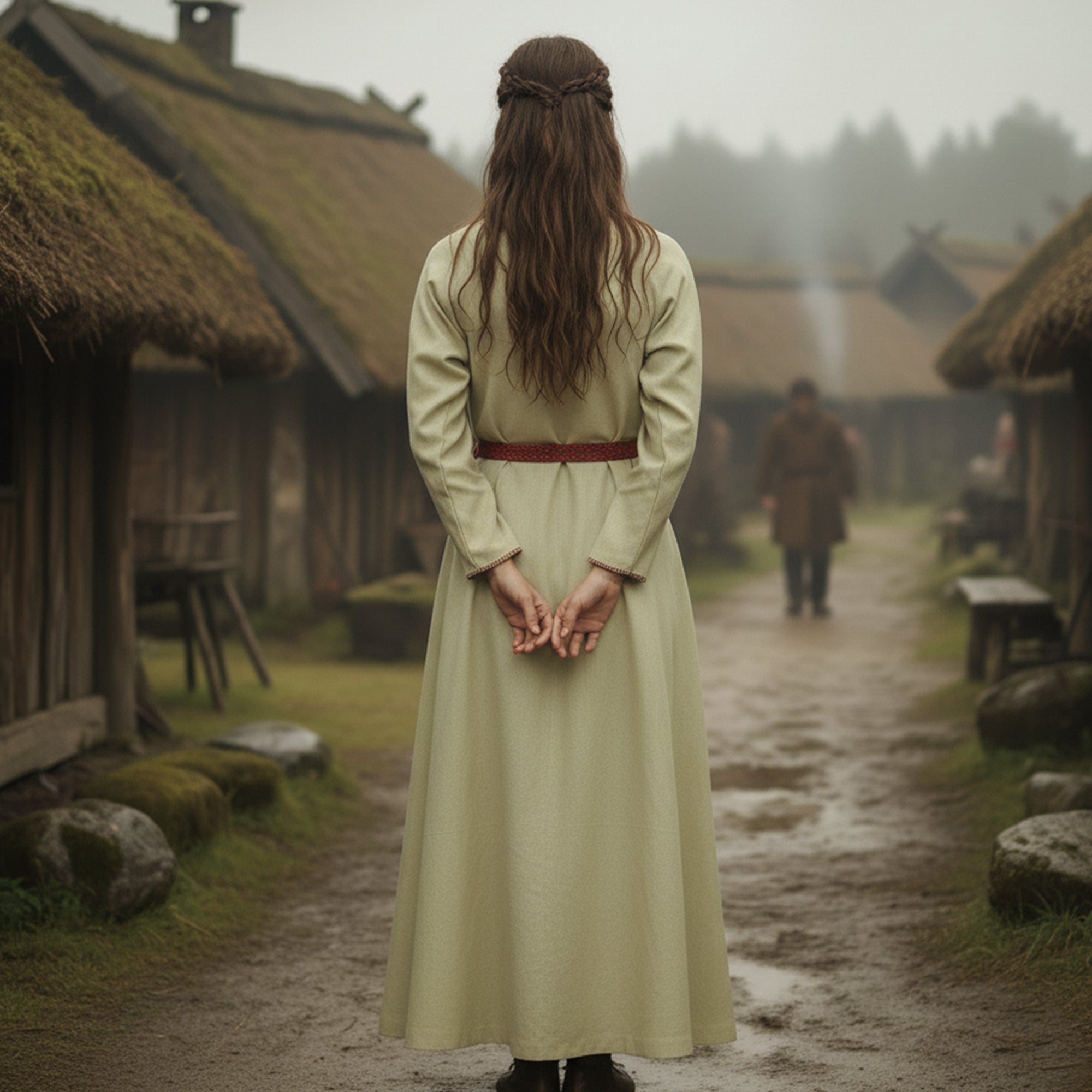 A woman with long brown hair, wearing the Viking Thorndale Dress- Ladies in pale green, stands with hands clasped behind her back amid foggy thatched-roof houses. Another figure appears in the background.