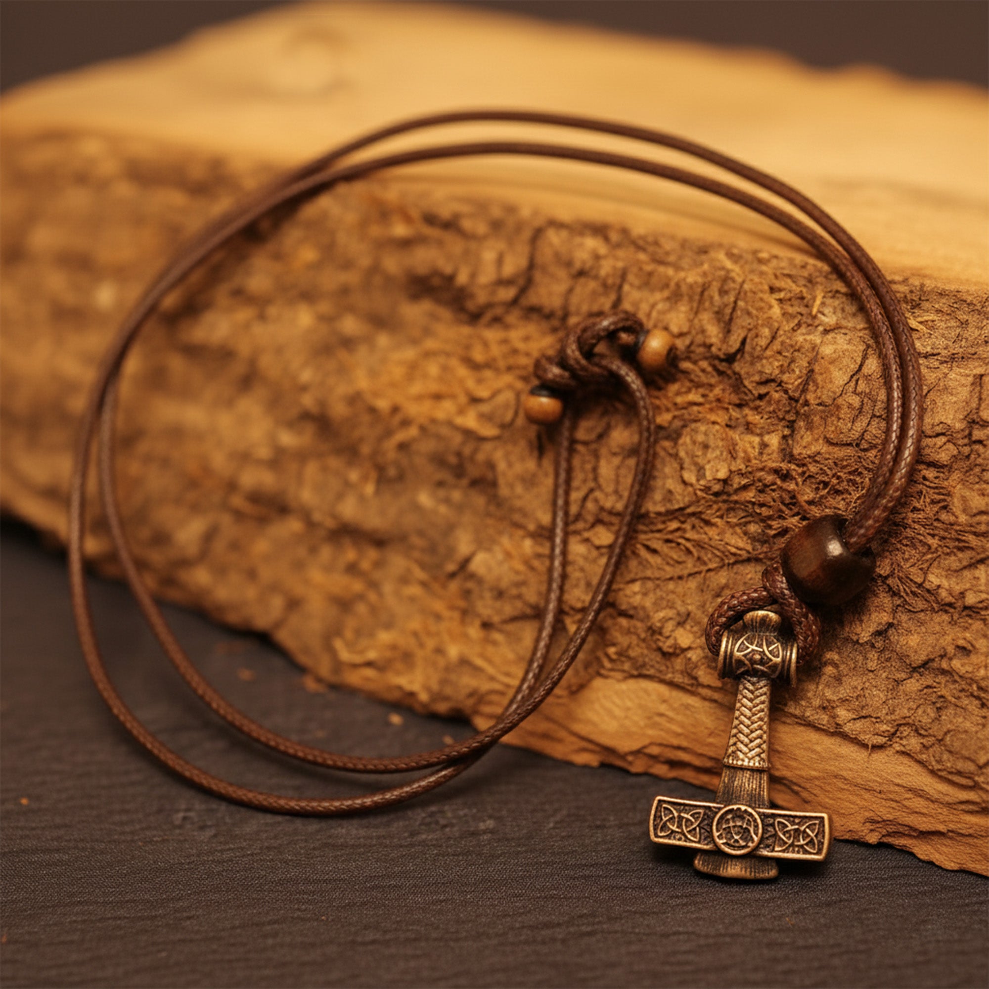 The Norse Alley Thor’s Hammer Pendant, featuring intricate bronze designs on a brown leather cord, rests on a rustic wooden surface—an ideal Norse mythology accessory for any Viking necklace collection.