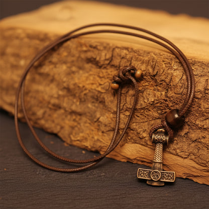 Norse Alley Thor’s Hammer Pendant – Brass Necklace with Adjustable Leather Cord – Viking Jewellery of Strength & Protection