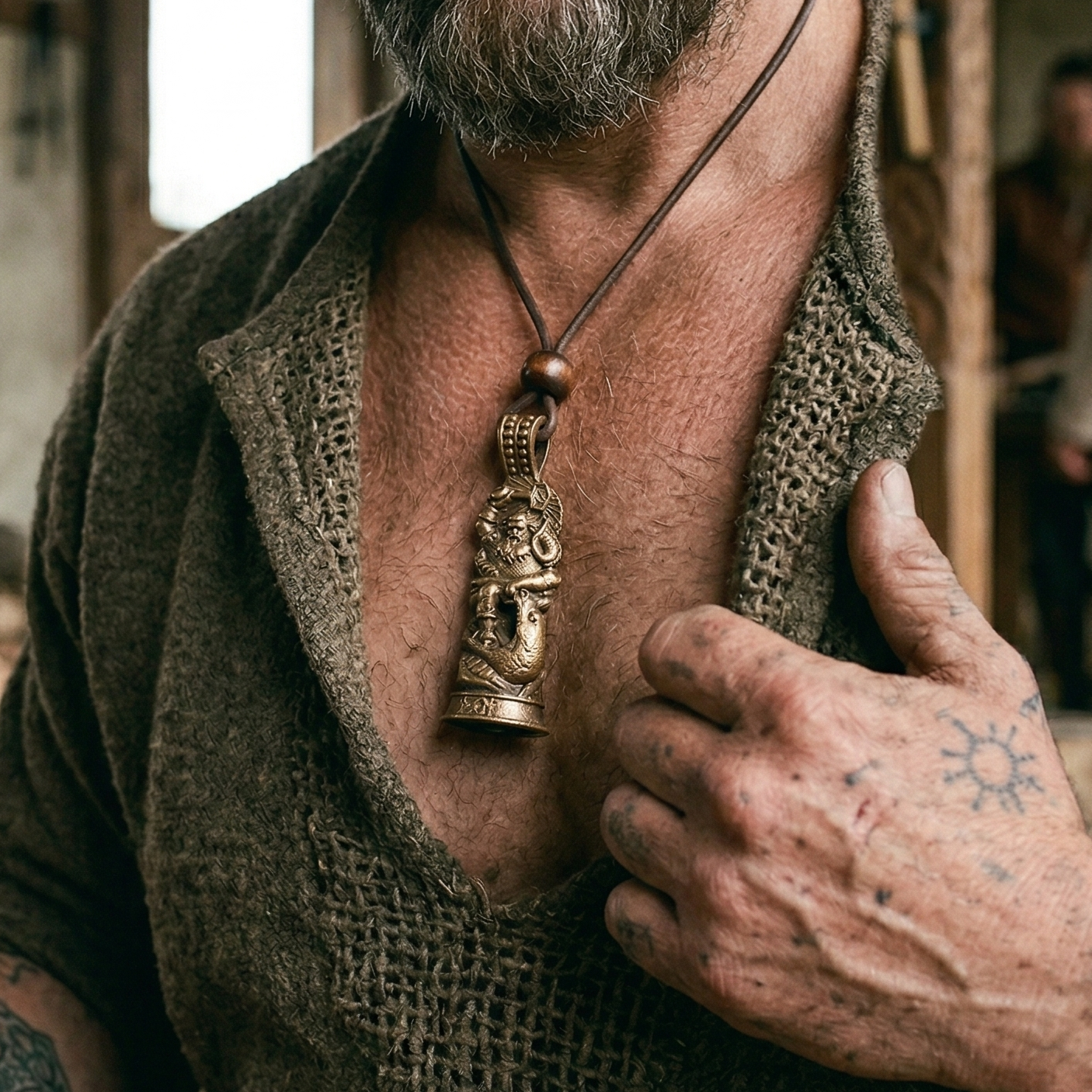 A rugged man in a textured brown shirt reveals the Thor Warrior Pendant – Protector of Midgard, an ornate solid brass piece with a carved face on a leather cord. A sun tattoo is visible on his hand as he rests it on his chest.