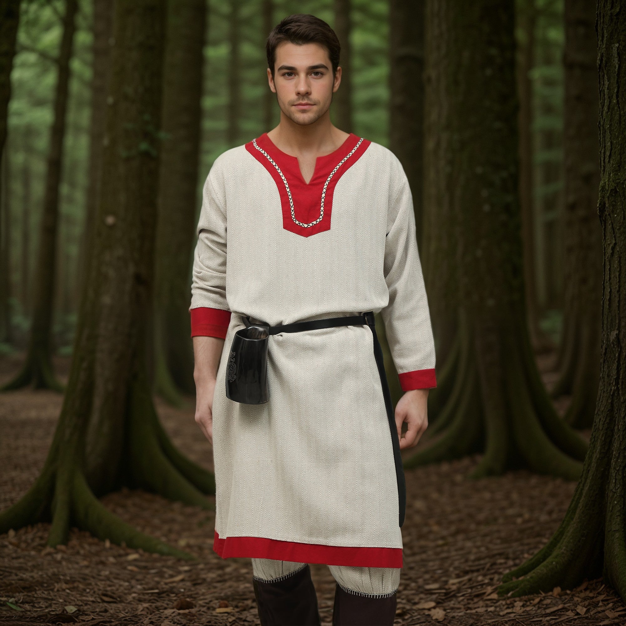 A man wearing the Nordic Runeweave Viking Tunic – Men's, featuring hand embroidery and red trim, along with dark boots and a black belt, stands in a dense forest as soft daylight filters through the tall trees.