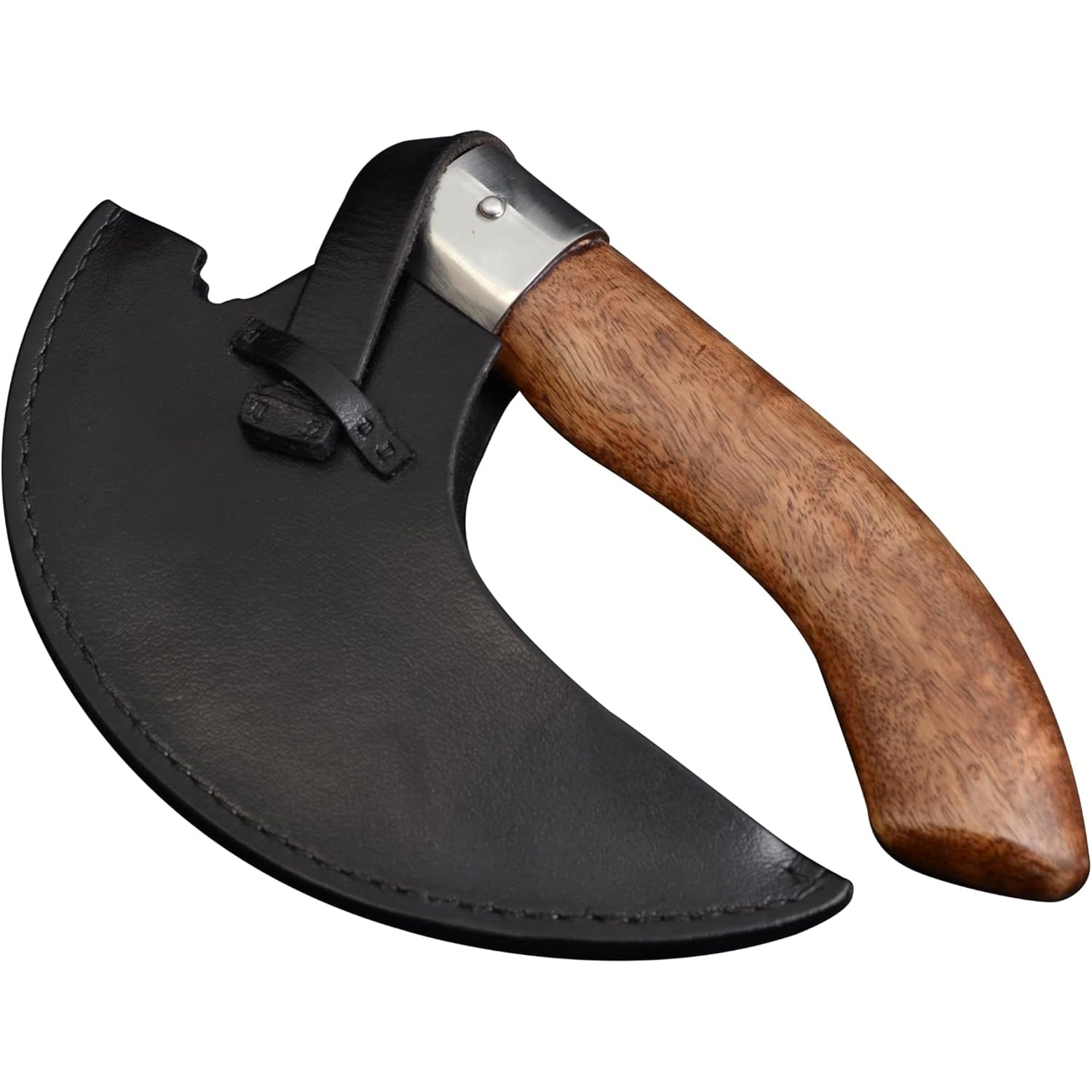 The Pizza Axe features a lightweight, crescent-shaped stainless steel blade with a wooden handle, and comes partially covered by a fitted brown scabbard.