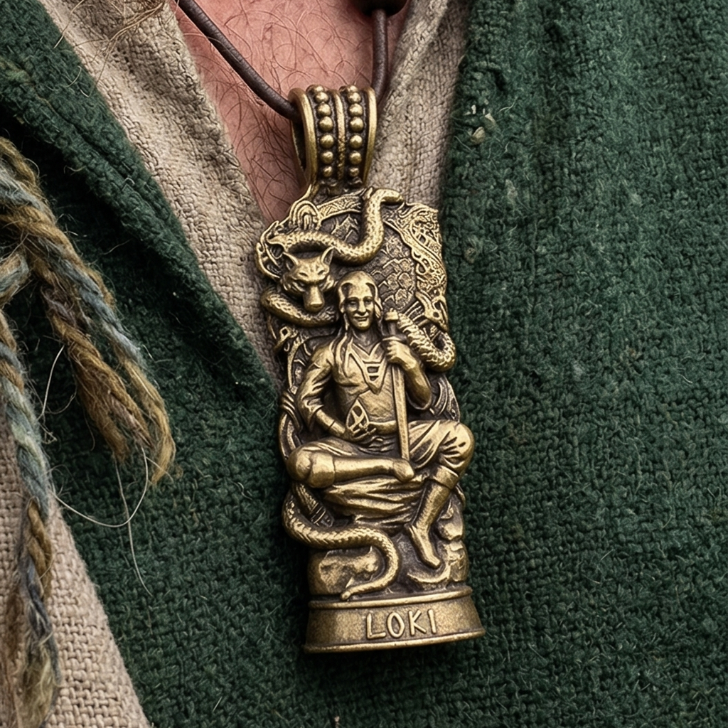 The Loki Pendant – The Trickster God is a solid brass talisman featuring Norse god Loki seated with a serpent and wolf above. "LOKI" is engraved at the bottom, making this Norse mythology jewelry a striking piece.