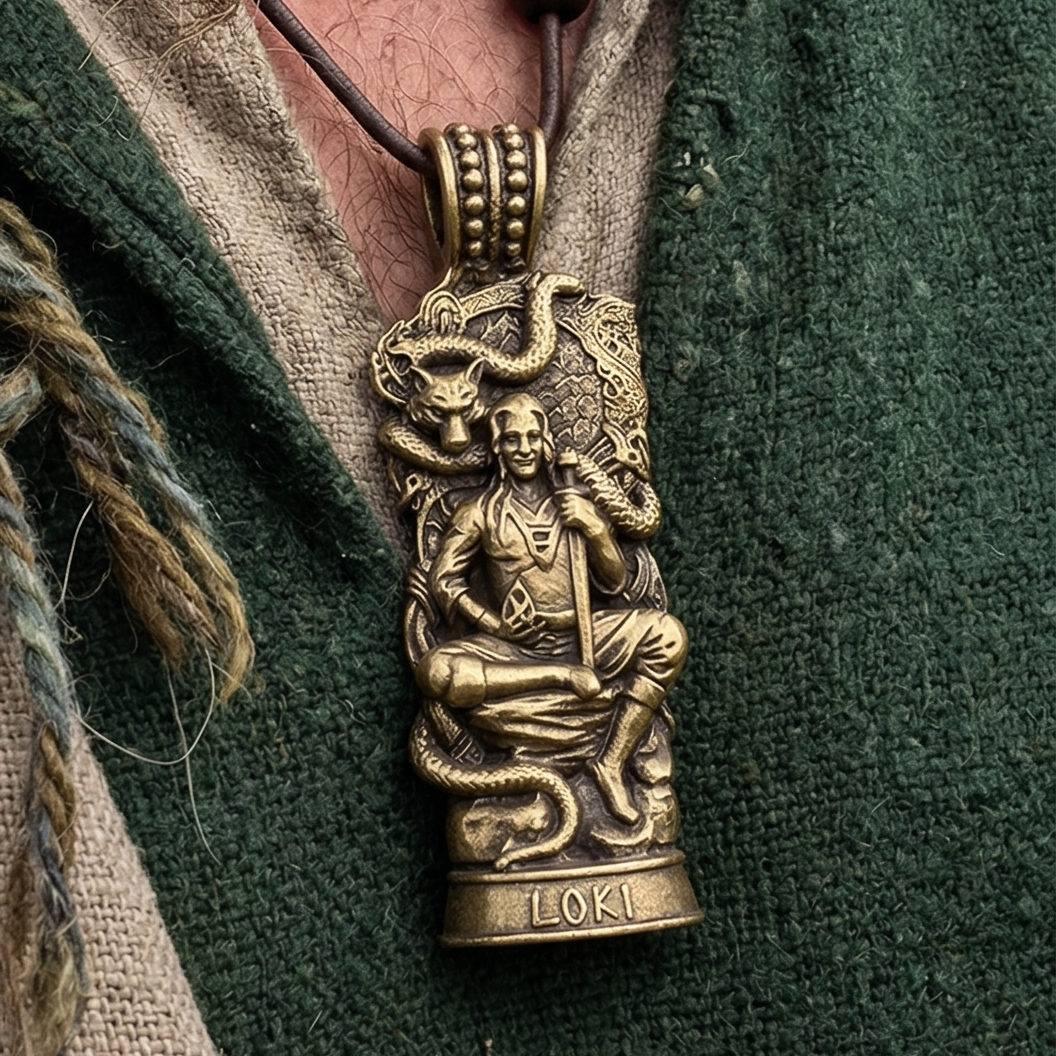 The Loki Pendant – The Trickster God is a solid brass talisman featuring Norse god Loki seated with a serpent and wolf above. "LOKI" is engraved at the bottom, making this Norse mythology jewelry a striking piece.